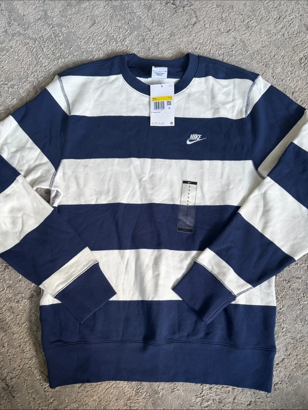 Nike Men’s Navy and White Bold Striped Crewneck Sweater